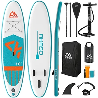 Image of Inflatable SUP Paddle Board Stand Up AKASO 10&#039;x 32x 6 Premium PaddleBoard for Adults, 330lbs/150KG Max Weight Capacity Accessories Complete Green (IO01 GN)