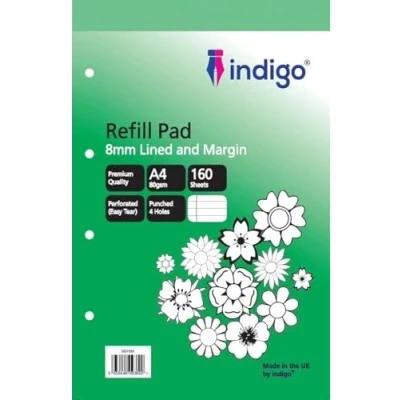 Image of indigo® A4 Refill Pad 160 Pages Headbound Perforated Punched Hole (Single, Feint 8mm Lined and Margin)