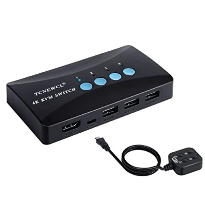 Image of TCNEWCL 4K HDMI KVM Switch, 4 Port USB Switcher for Computers Share 1 HD Monitor and Keyboard Mouse Printer, with Desktop Wired Remote to HDMI+ 2 in Cables
