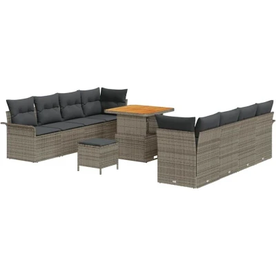 Image of vidaXL 11 Piece Garden Sofa Set with Cushions Grey Poly Rattan Acacia