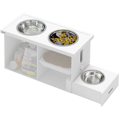 Image of PawHut Raised Dog Bowls, Feeding Station with Slow Feeder Mat, Storage Cabinet, 3 Stainless Steel Semi Auto Dispenser Function, for Large &amp; Extra Dogs, White