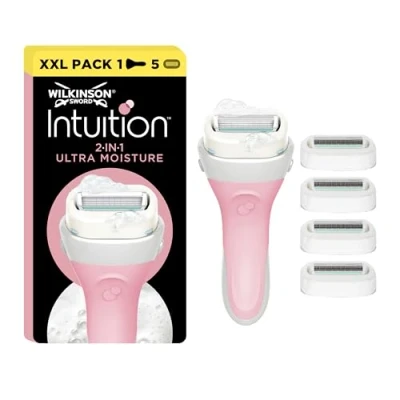 Image of WILKINSON SWORD Intuition Ultra Moisture For Women No Shave Gel Needed Razor Handle + 5 Blade Refills