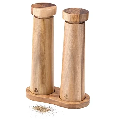 Image of Navaris Salt and Pepper Mill Set with Tray Adjustable Acacia Wood Grinders Shakers Ceramic Grinding Core for Home, Restaurants