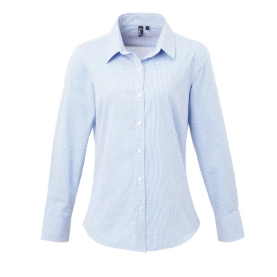Image of Premier Womens/Ladies Microcheck Long Sleeve Shirt (Light Blue/White) Blue &amp; White Cotton Size X Large