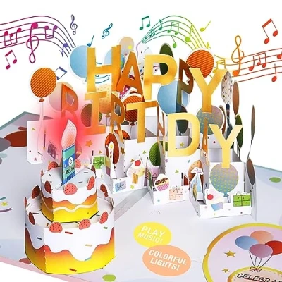 Image of Birthday Card, Musical Cards with Light 3D Pop up and Play Happy Music Blow Out LED Cheers &#039;Happy Birthday&#039;Birthday Gift Funny for Women Men Kids