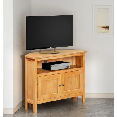 Image of Hallowood Furniture Aston Oak 2 Doors Corner TV Unit with Shelf, Wooden Cabinet, Media Storage, Stand Cabinet for Living Room &amp; Bedroom