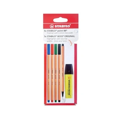 Image of STABILO Fineliner &amp; Highlighter Pen Set point 88 and BOSS ORIGINAL Pack of 6 Assorted Colours