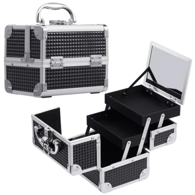 Image of Joligrace Girls Makeup Box with Mirror Vanity Case Jewelry Organiser Nail Cosmetic Light Weight, 2 Trays Lockable Keys (Black)