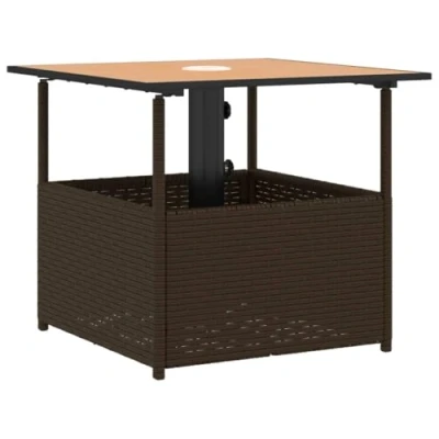 Image of vidaXL Garden Table with Parasol Hole Outdoor Coffee Brown, Square Poly Rattan Furniture for Patio, Terrace, Backyard Acacia Wood Top, 55x55x46.5 cm
