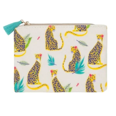 Image of Draeger Paris Wild Cat Print Coin Purse, Gold, Zip Cotton Purse