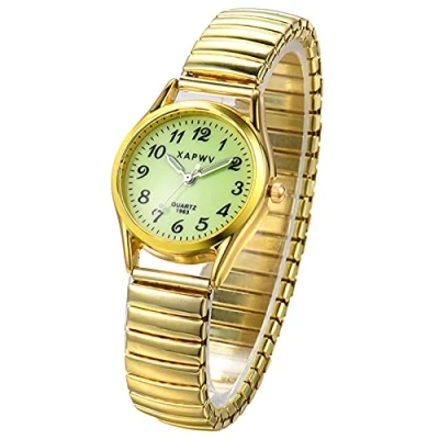Image of JewelryWe Mens Women&#039;s Ultra Thin Easy Reader Watch with Elastic Strap, Golden/Silver Watch, for Xmas