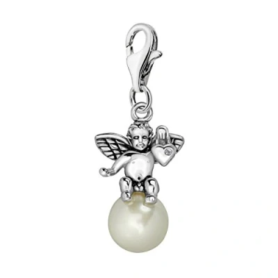 Image of Quiges Imitation Pearl 3D Sitting Angel Clip On Charm Pendant Silver Plated Women&#039;s Jewellery