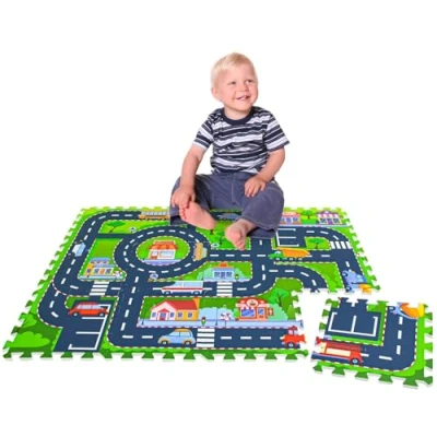 Image of LittleTom 12 Pieces Kids Road Play Mat 30x30 Car Mats for Floor Foldable Toy Cars Flexible Track Rubber Carpet Rugs Outdoor