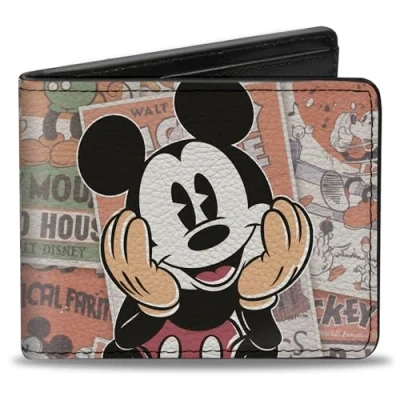 Image of Buckle Down Men&#039;s Disney Wallet, Bifold, Classic Mickey Sitting Pose Close Up Stacked Comics, Vegan Leather, Multicolor, Standard Size, Default Size