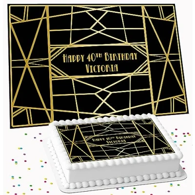 Image of ART DECO BLACK GOLD BIRTHDAY PERSONALISED ICING EDIBLE COSTCO CAKE TOPPER R1 883