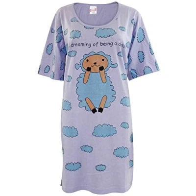 Image of True Face Ladies Nightdress Night Shirt Dress Womens Nighties Nightshirt Pyjamas Cotton Lamb (Laylic, One Size)
