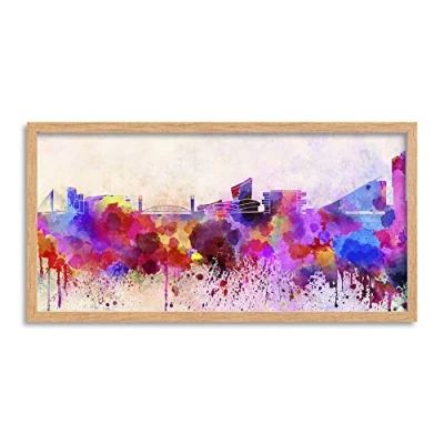 Image of Wee Blue Coo Manchester Skyline Paint Splash Cityscape Long Panel Framed Wall Art Print