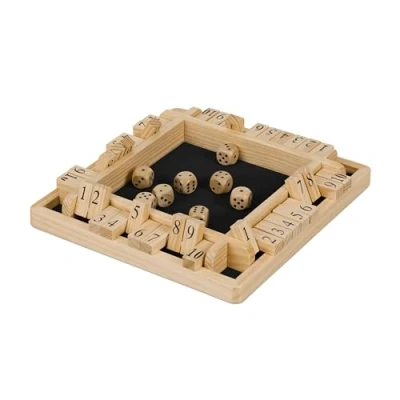 Image of Relaxdays Shut The Box Game, 2 4 Players, Wood, 8 Dice and 10 Flaps, Children &amp; Adults, 3 x 22 cm, Natural/Black, Felt, Fibreboard