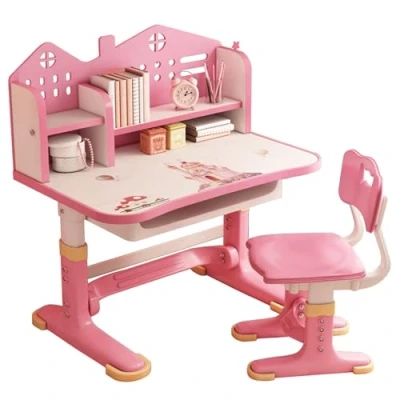 Image of zomebar Small Desk, Kids Functional Desk Chair Set, Height Adjustable Children School Study with Castle Backboard, Widened Desktop, Bookstand and Storage Drawer (Pink 2)