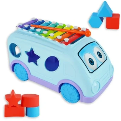 Image of Little Star Pull Along Musical Bus Xylophone, Colourful Engaging Shape Sorter for Interactive Development