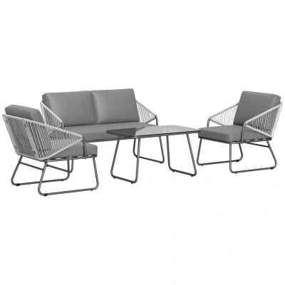 Image of Outsunny 4 Piece Rattan Garden Furniture Set, Wicker Patio Outdoor Set with Loveseat, Armchairs, Glass Top Coffee Table and Cushions for Patio, Conservatory, Balcony, Grey