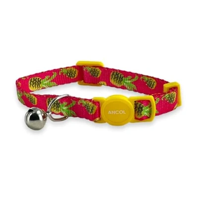 Image of Ancol Adjustable Cat Collar with Safety Bell and Break Apart Buckle Fun Summer Tropical Pineapple Pattern