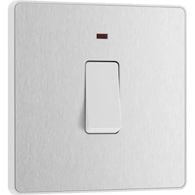 Image of BG Electrical Single Wall Switch with LED Power Indicator, Double Pole, Screwless Front Plate, Round Edges, Evolve, Brushed Steel, 20A, PCDBS31W