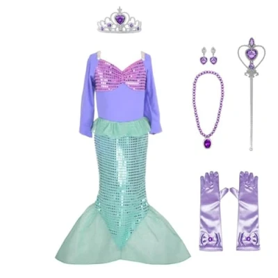 Image of Lito Angels Mermaid Costume Princess Ariel Fancy Dress Up Birthday Party Outfit with Accessories for Kids Girls Age 7 8 Years, Purple (Tag Number 130)
