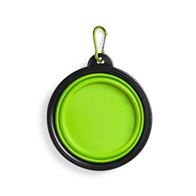 Image of eBuyGB Portable Folding Collapsible Pop Up Silicone Travel Pet Dog Cat Food Water Bowl with Metal Carabiner, 450ml (Green)