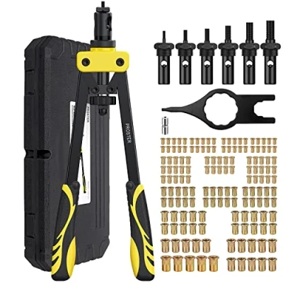 Image of Proster Rivet Nut Gun 14&quot; Tool with 150Pcs M3 M4 M5 M6 M8 M10 Nuts 6Pcs Metric Mandrels Heavy Duty Hand RIV Thread Setter Kit Yellow