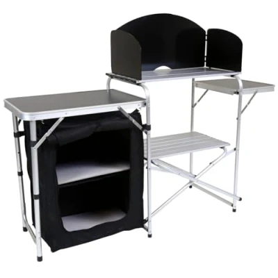 Image of Charles Bentley Odyssey, Folding Kitchen Unit, Medium, Camping Storage Portable, Outdoor Cooking, Lightweight, Foldable, Easy Assembly, Windshield, Mesh Panelling, Carry Bag (146x46x80cm)