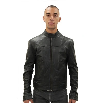 Image of Men&#039;s Fitted Black Real Soft Genuine Leather Classic Collar Harrington Jacket 2XL