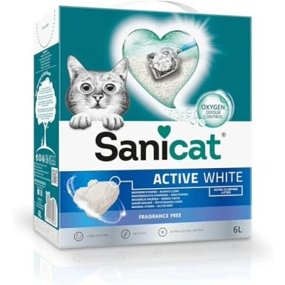 Image of Sanicat Active White Clumping Fragance Free Cat Litter Made of natural minerals with guaranteed odour control Absorbs moisture and makes cleaning easier 6 L capacity