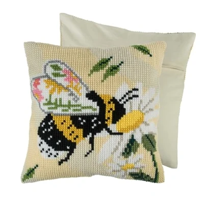 Image of Trimits Cross Stitch Cushion Kit, Back Included, Pre Printed Canvas, Yarn and Needle Included 40 x 40cm (15.75 15.75in), Floral Bee