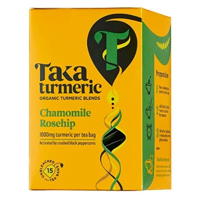 Image of Taka Turmeric, 1 pack (15 Teabags) Organic Chamomile &amp; Rosehip Tea Bags with Turmeric Black Peppercorns, Tea, Caffeine Free Camomile No Added Flavourings, Recyclable Packaging
