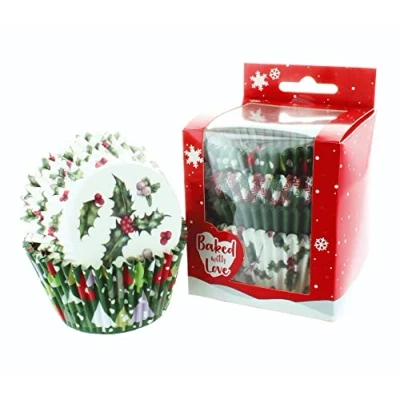 Image of Culpitt Baked with Love Vintage Holly Baking Cases, Christmas Cupcake Cups Pack of 100, 0638485