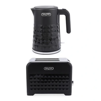 Image of Salter Set 3kW Fast Boil Kettle with Cool Touch Body, Swivel Base, Diamond Design, 2 Slice Toaster Wide Toasting Slots, High Lift, Removable Crumb Tray COMBO 9356, Stainless Steel