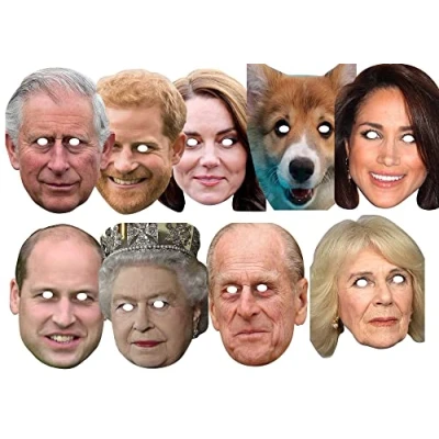 Image of FoxyPrinting King Charles CORONATION 8 x Royal Family Celebrity Cardboard party Face Mask PACK Fancy Dress for Street