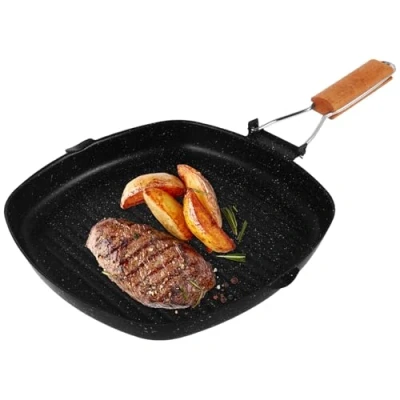 Image of MENIBBLER Carbon Steel Frying Pan, 20cm or 28cm Folding Wood Handle Nonstick Grilling Portable Grill Skillet Square for Meat Fish and Vegetables(20cm)
