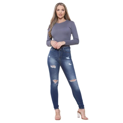 Image of 989Zé ENZO EZL417 Womens Jeans Skinny Stretch Ripped Trousers Ladies Denim Slim Fit Pants with Rips Waist Sizes UK 8 20 (12, Blue)