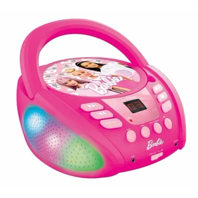 Image of Lexibook RCD109BB Mattel Barbie Bluetooth CD Player for Kids Portable, Multicoloured Light Effects, Microphone, Aux in Jack, AC or Battery Operated, Girls, Boys, Pink