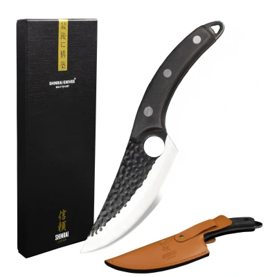 Image of Serie Gladiator de acero inoxidable martillado Cuchillo chef universal con funda marrón