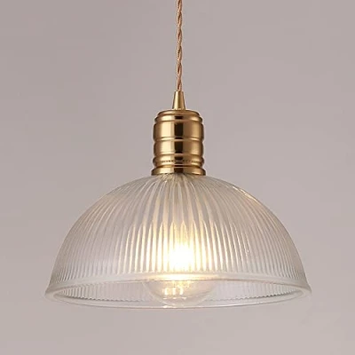 Image of Jadssox Industrial Dome Pendant Light Single Hanging Lamp with Ribbed Glass, Vintage Drop Ceiling Lighting Fixture in Gold Finish, Dining Room Kitchen Loft Decor Suspension Lamps