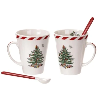Image of Spode Christmas Tree Peppermint Mugs with Spoons, Set of 2