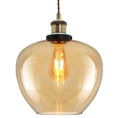 Image of Modern Vintage Glass Globe Pendant Light Smoked Amber Shade with Antique Brass Ceiling Lamp Holder M0207