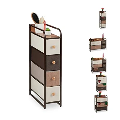 Image of Relaxdays Dresser, 4 Drawer Compartments, with Shelf, Folding Baskets, Fabric, Steel Frame, 84.5x20x49.5 cm, Brown