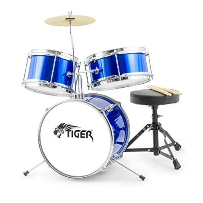 Image of TIGER JDS7 BL Junior Kids Drum Kit 3 Piece Beginners Childrens Set with Snare, Tom, Bass Drum, Pedal, Cymbal, Throne and Sticks Blue