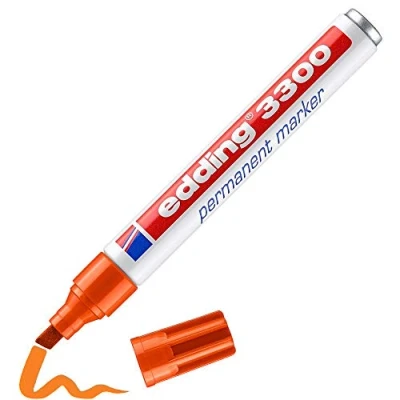 Image of edding 3300 permanent marker orange 1 pen chisel nib 5 mm quick drying markers waterproof, smudge proof for cardboard, plastic, wood, metal, fabric pens