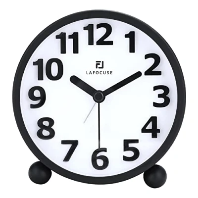 Image of Lafocuse Black Metal Silent Alarm Clocks Bedside with Night Light Snooze Function, Retro Simple Table Desk Clock Analogue Non Ticking Battery Powered 10cm Bedrooms Office Kitchen