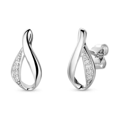 Image of Miore Women&#039;s Silver Zirconia Open Twist Drop Earring Studs 925 Solid Sterling 8 Brilliant Cut White Cubic Gemstones (8mm x 16mm) infinity